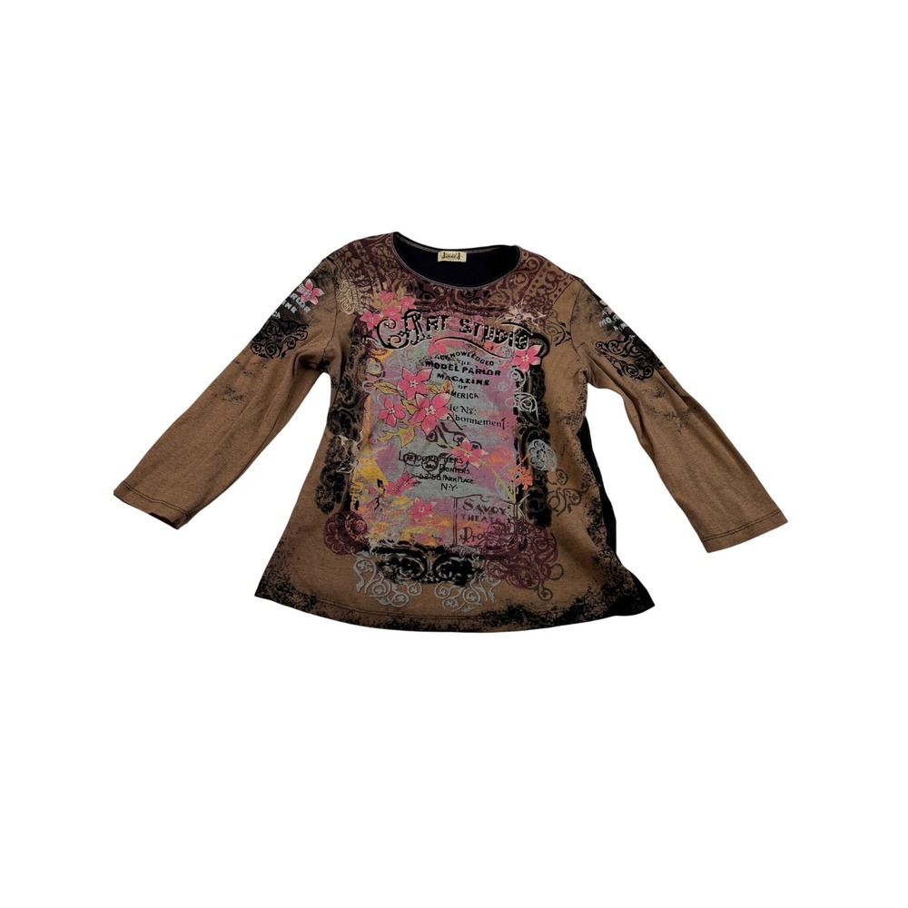 Jamee J. Art Studio Graphic Long Sleeve Tee Brown Floral Y2K Medium